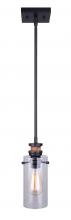 Canarm IPL710A01BKW - ARLIE, 1 Lt Rod Pendant, MBK+Wood Finish, Clear Glass, 100W Type A, 4 3/4" W x 13 1/4" - 61