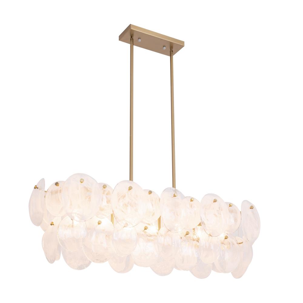 Lily 7 Light Island Light, Brushed Brass with Wispy White Murano Style Glass